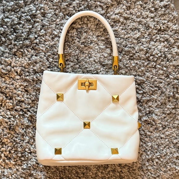 Handbags - Rock Stud White Faux Leather Bag with Gold Accents & Crossbody
